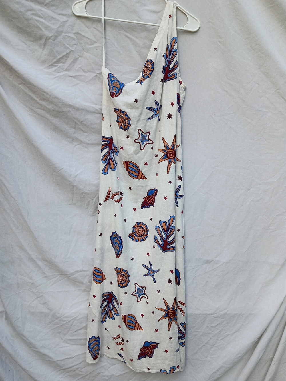 C&C California White Linen One-Shoulder Blue SeaShell Print Maxi Dress Small